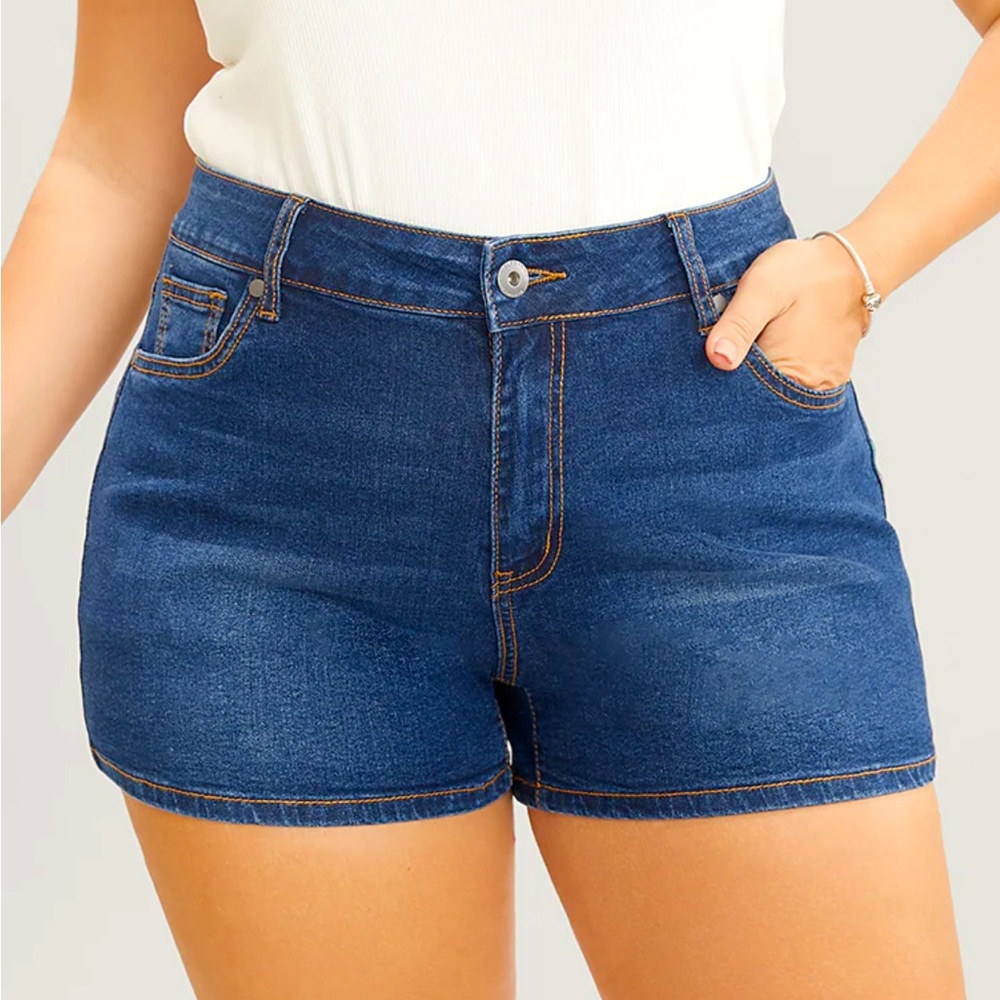 Skinny Very Stretchy High Rise Dark Wash Contrast Denim Shorts